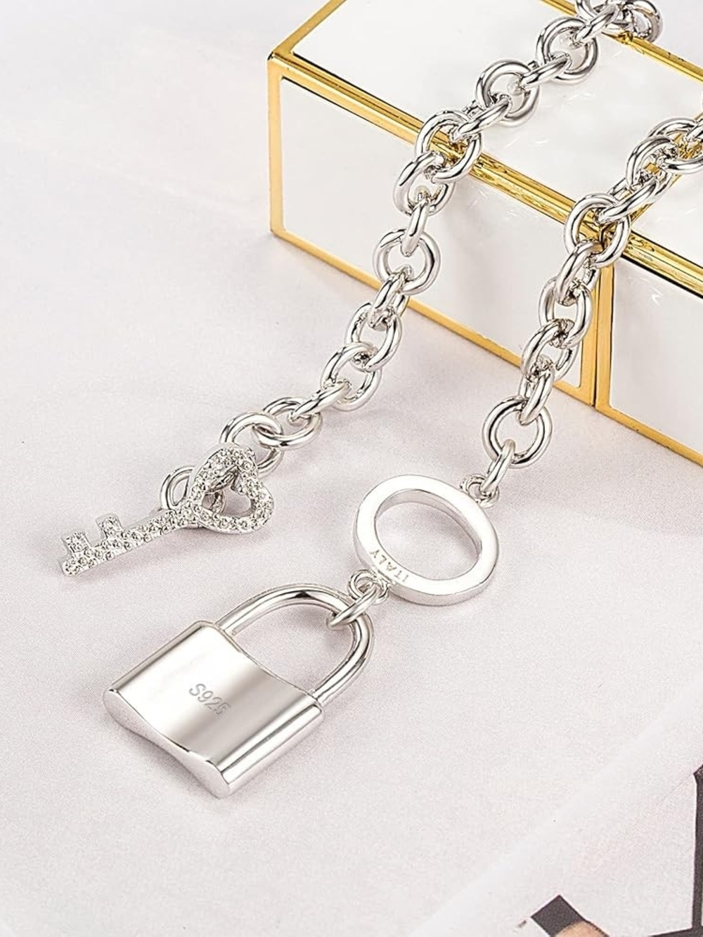 Silver Padlock Charm Chain Bracelet - Women Jewelry - Picture 5 of 5